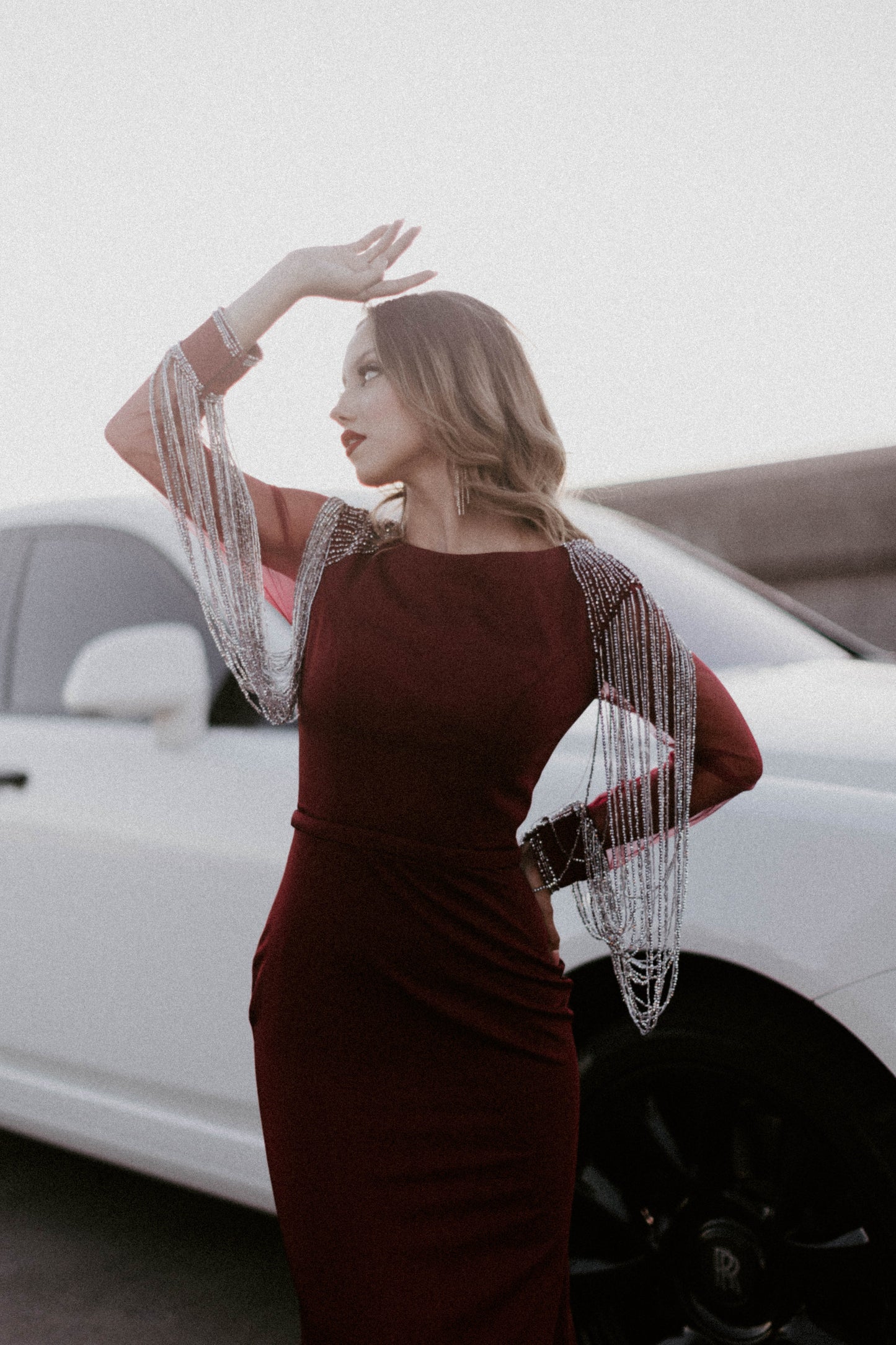 Red Tasseled Long Sleeve Mermaid Gown Rolls Royce