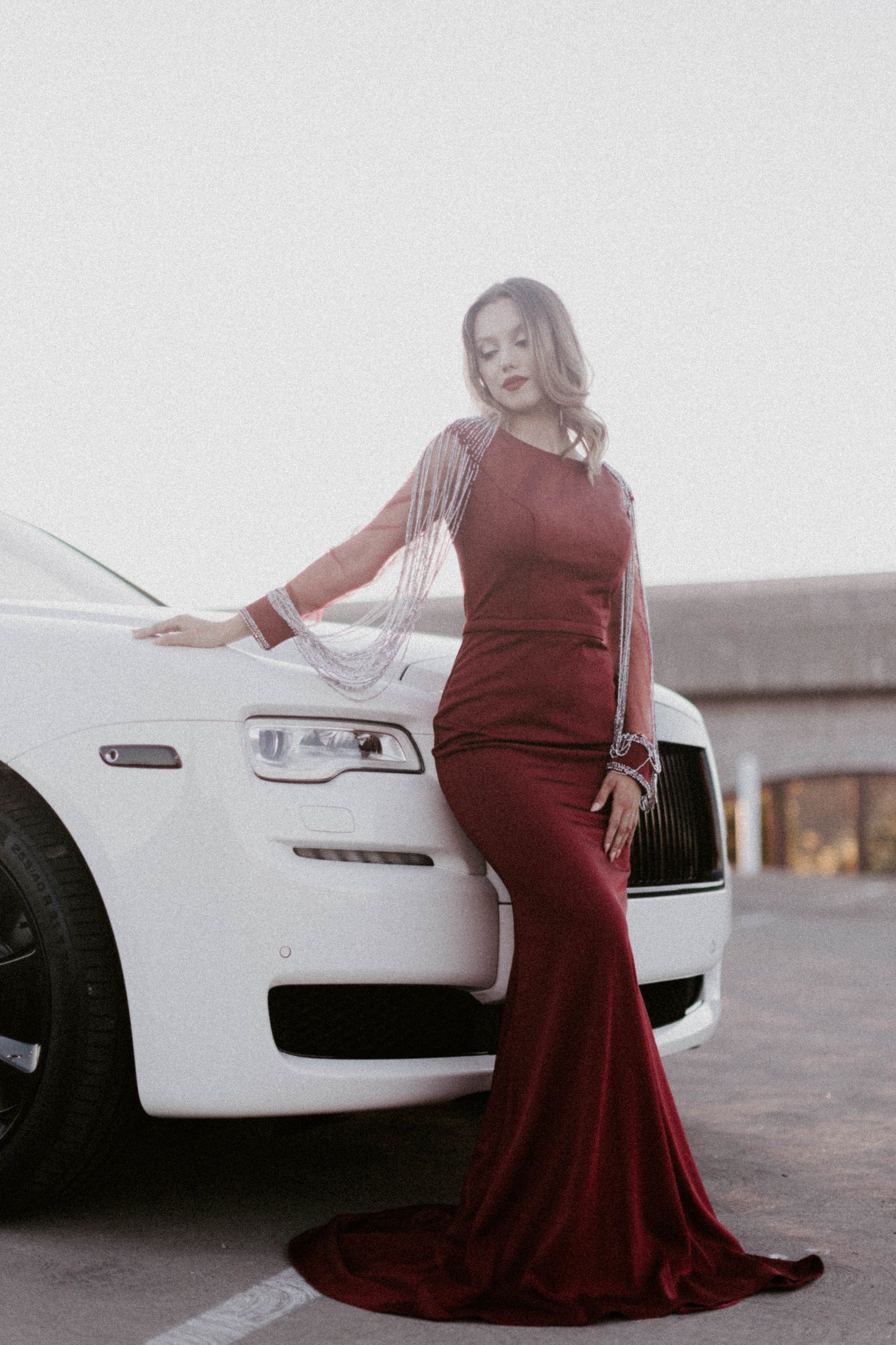 Red Tasseled Long Sleeve Mermaid Gown Rolls Royce