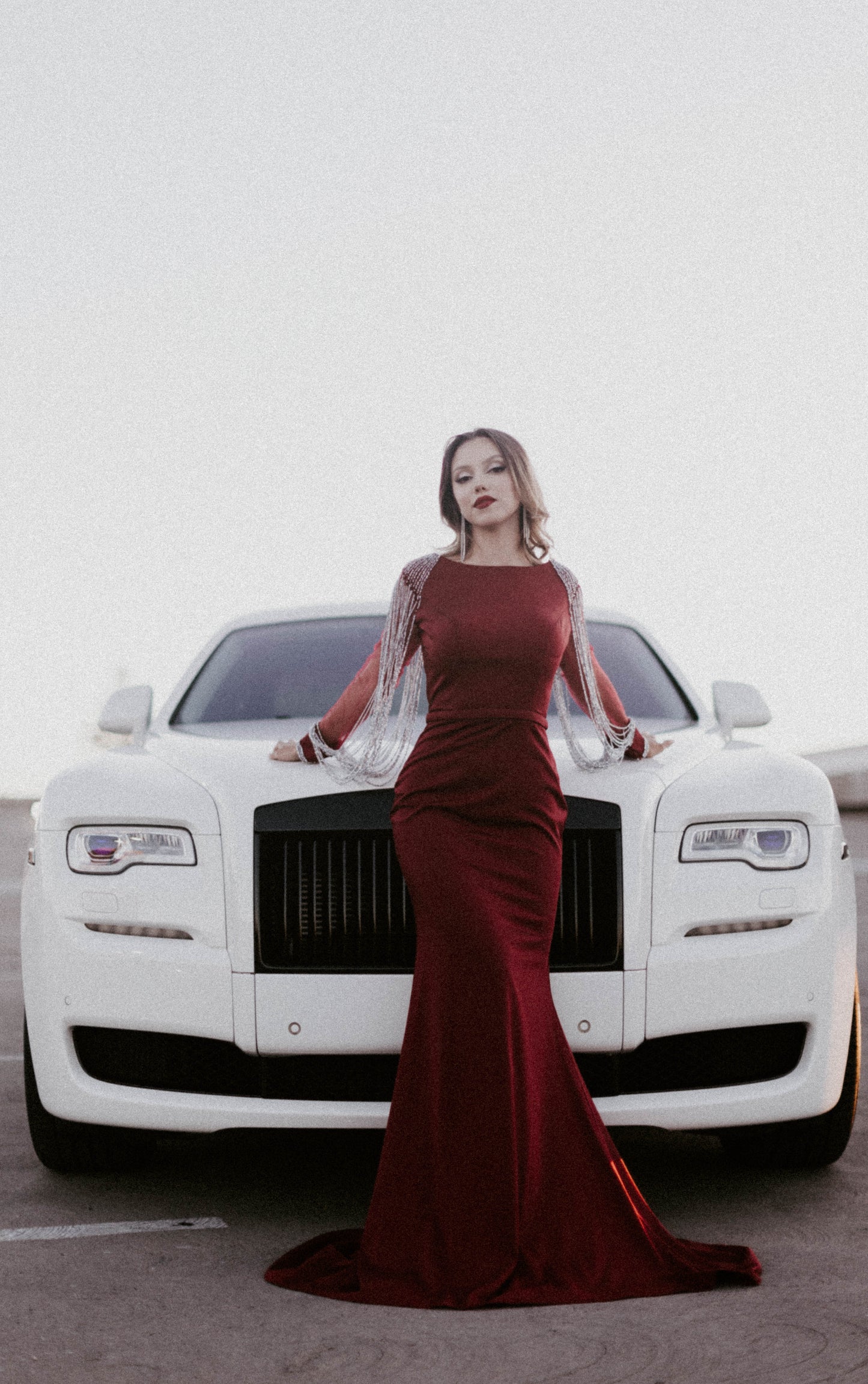 Red Tasseled Long Sleeve Mermaid Gown Rolls Royce