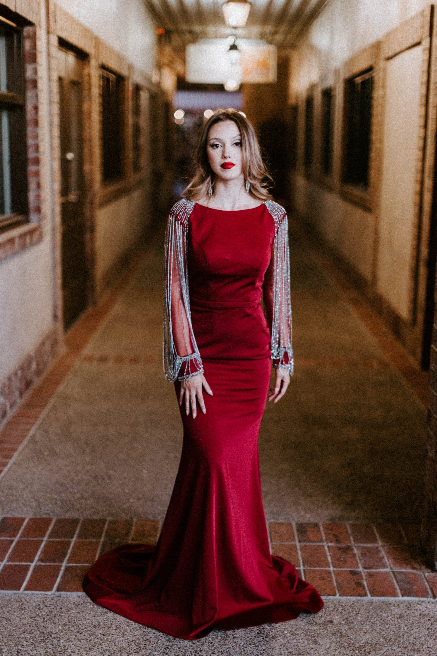 Red Tasseled Long Sleeve Mermaid Gown