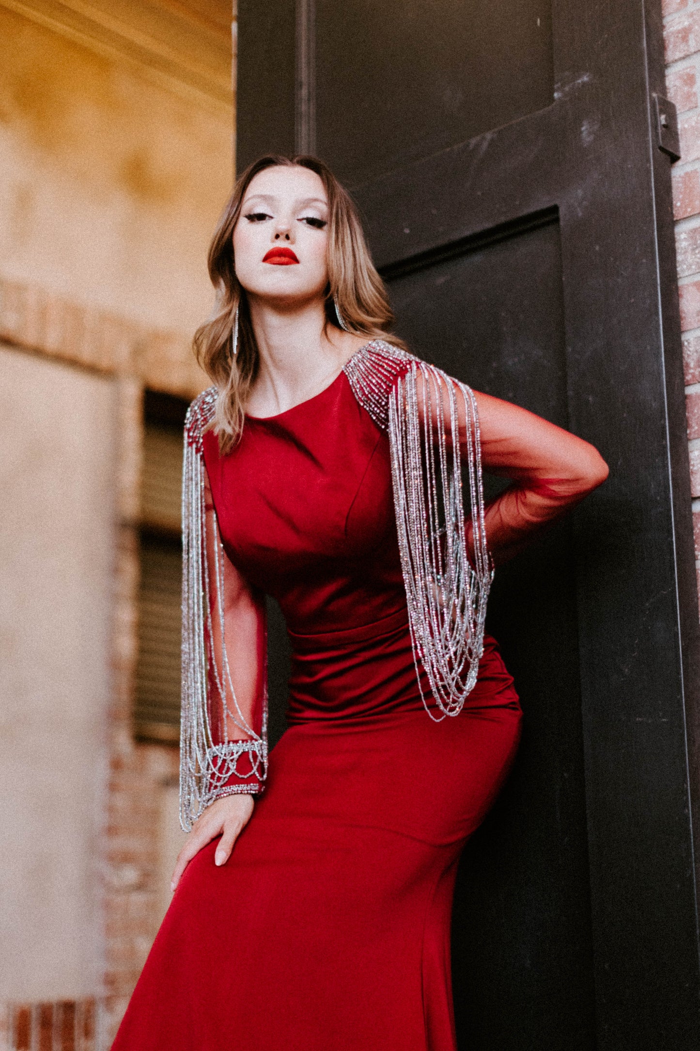 Red Tasseled Long Sleeve Mermaid Gown