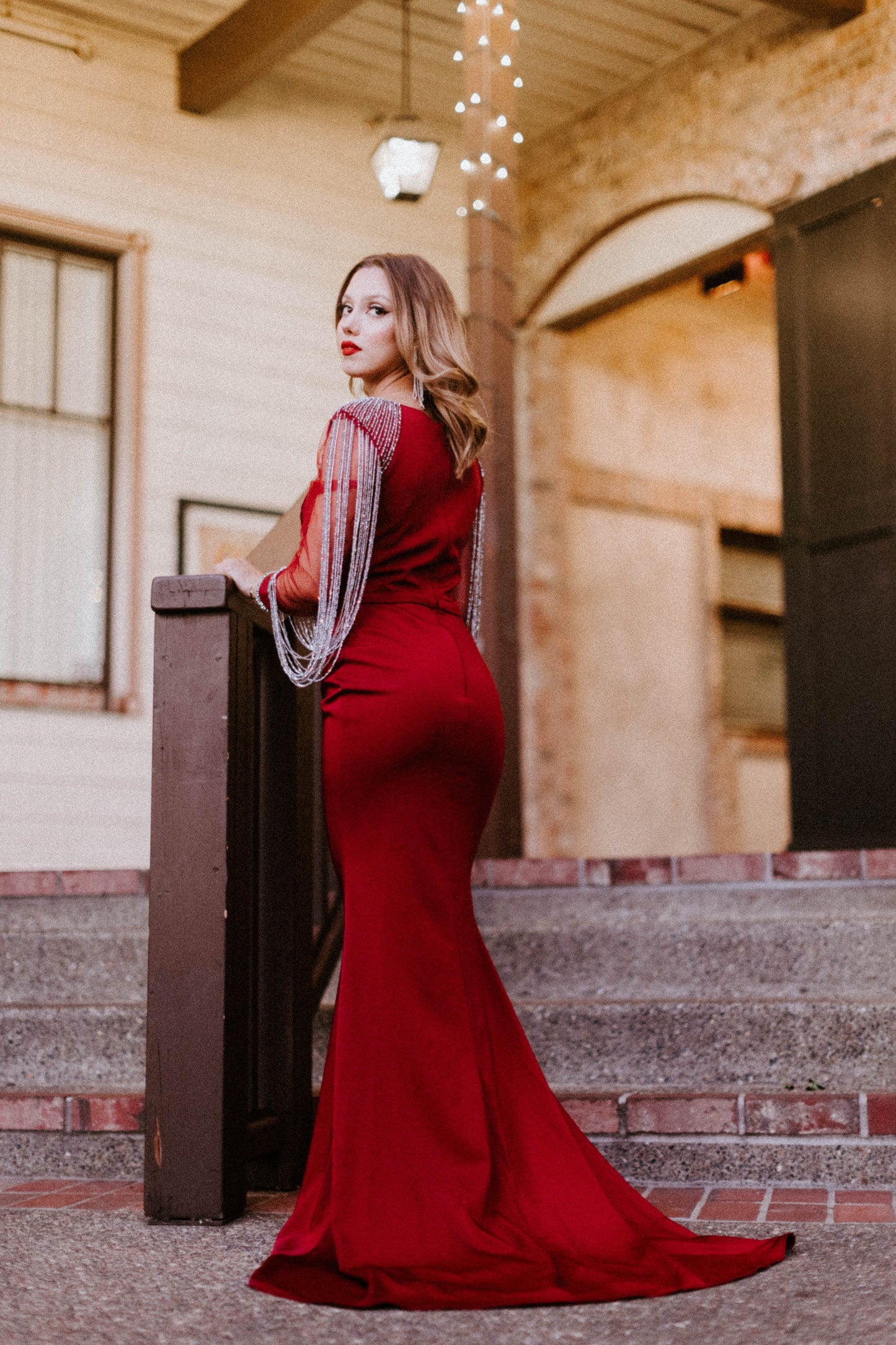 Red Tasseled Long Sleeve Mermaid Gown