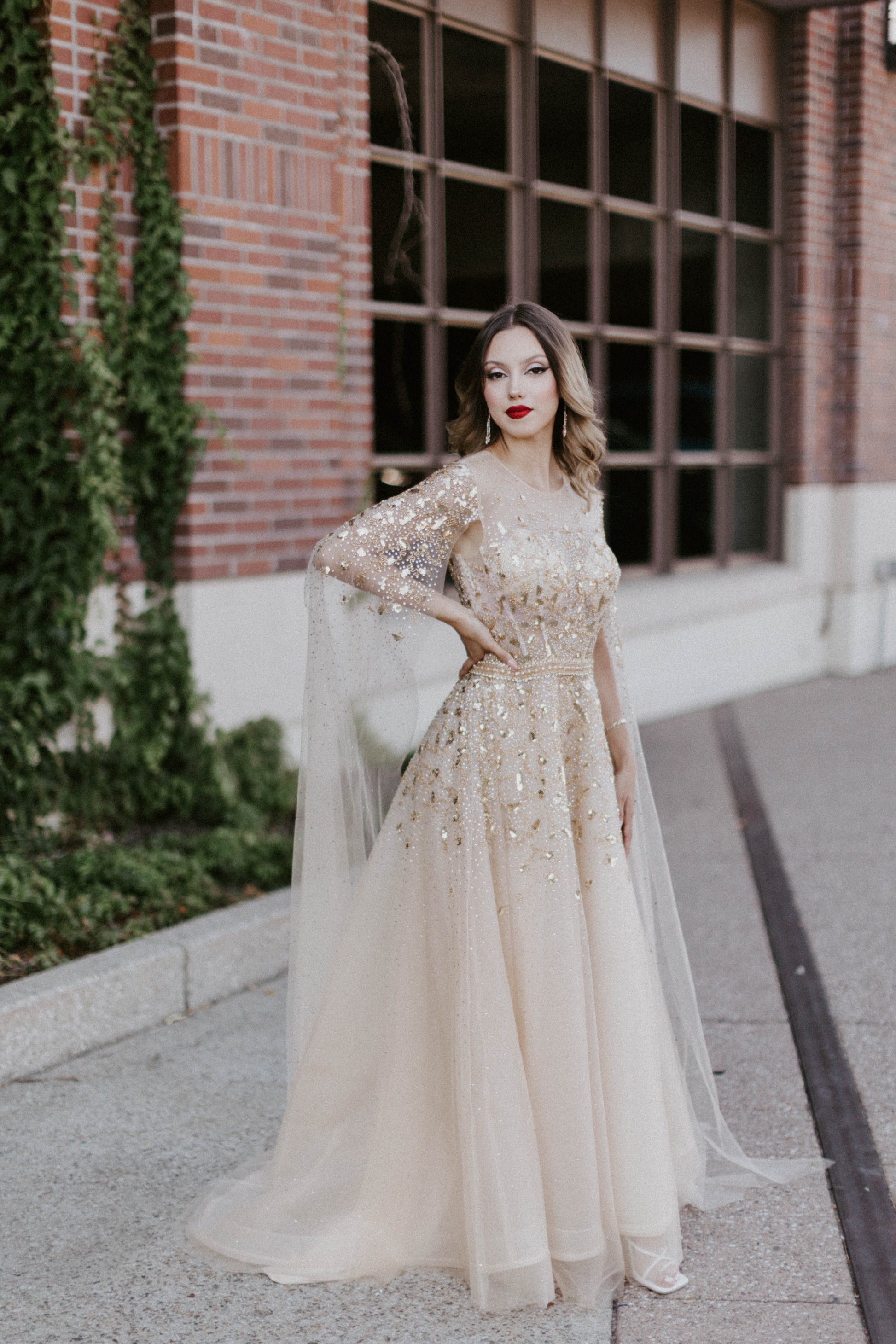 Gold Sequined A-Line Dress Cape Sleeves