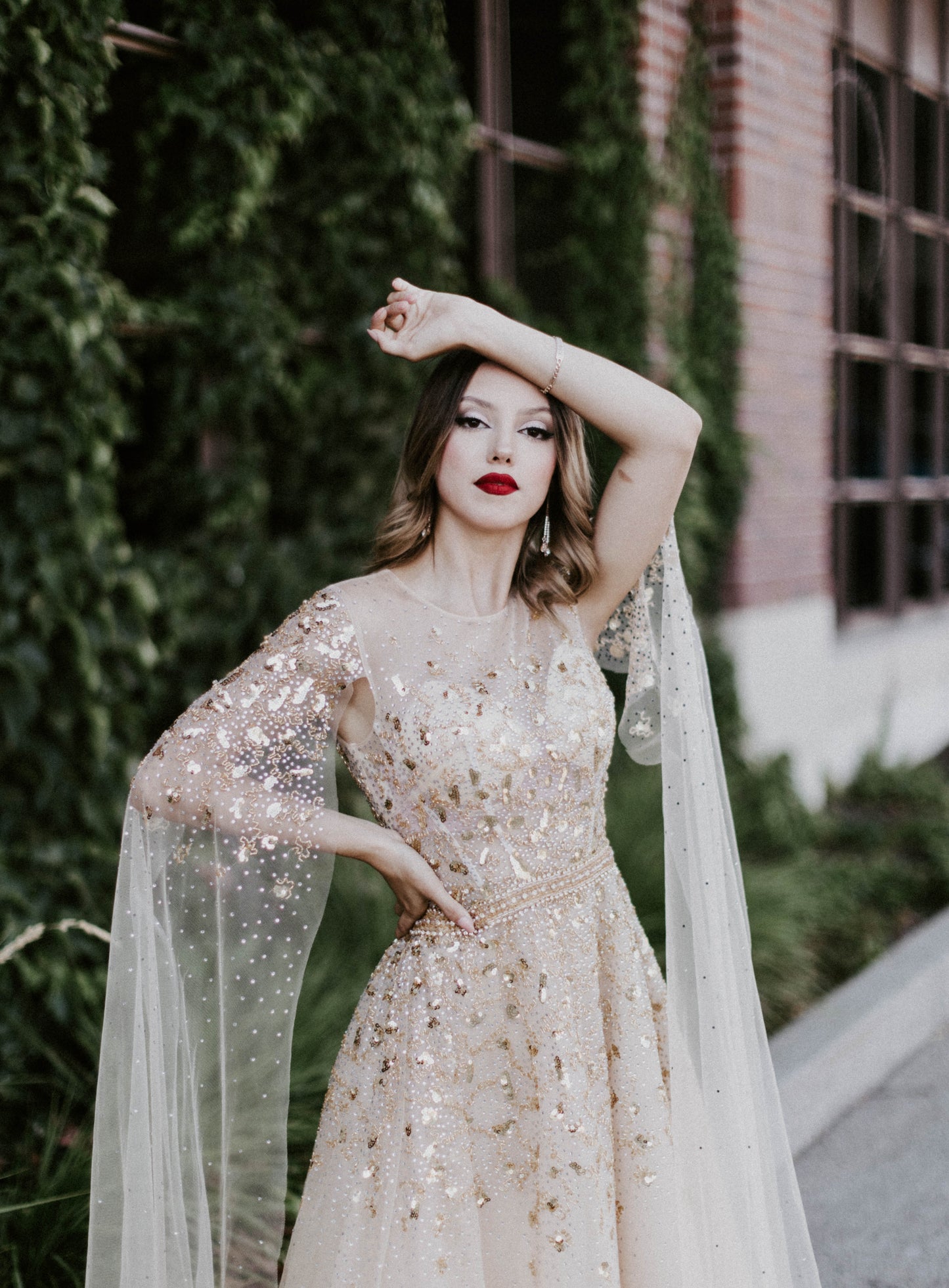 Gold Sequined A-Line Dress Cape Sleeves