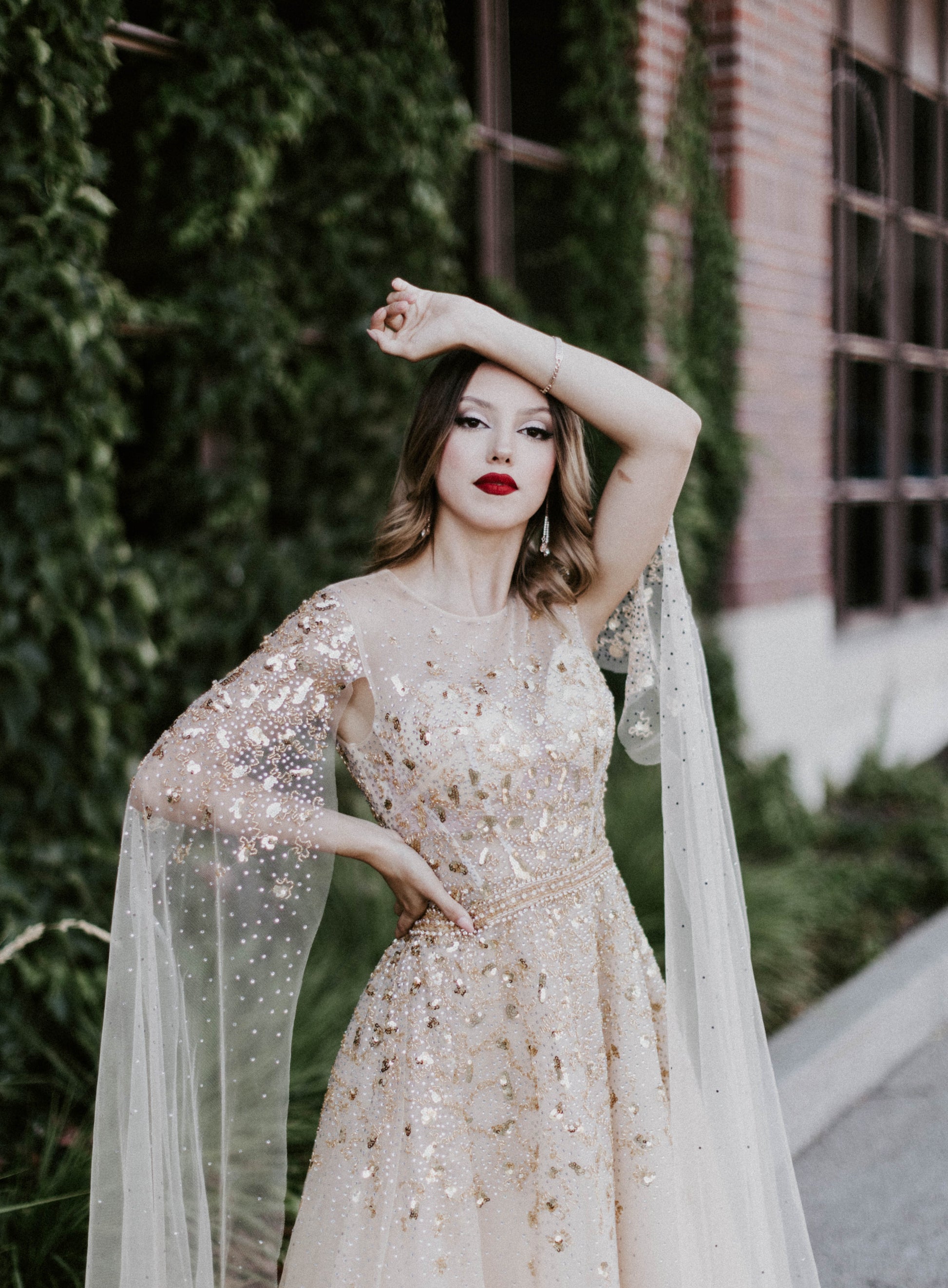 Gold Sequined A-Line Dress Cape Sleeves