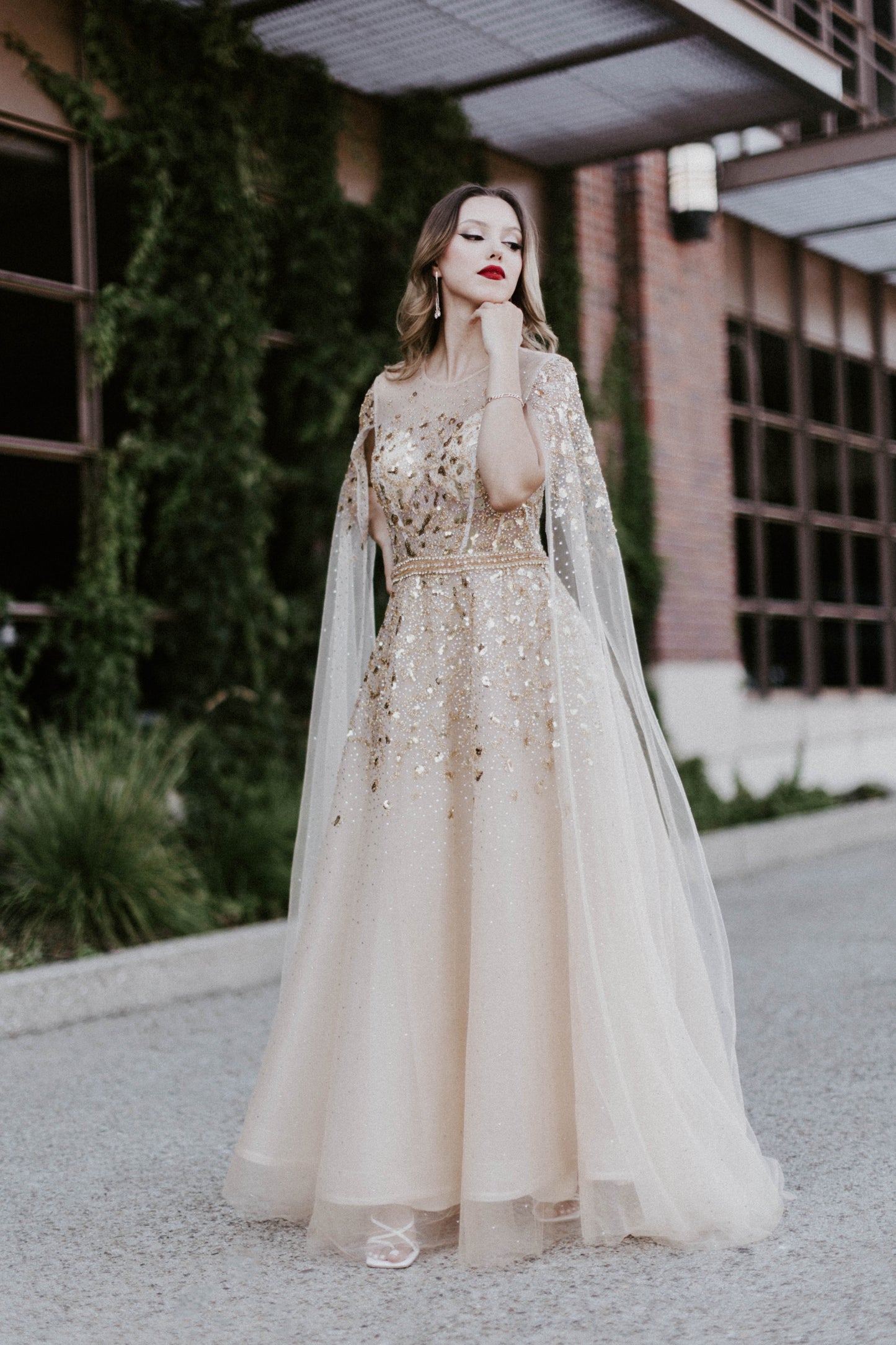 Gold Sequined A-Line Dress Cape Sleeves