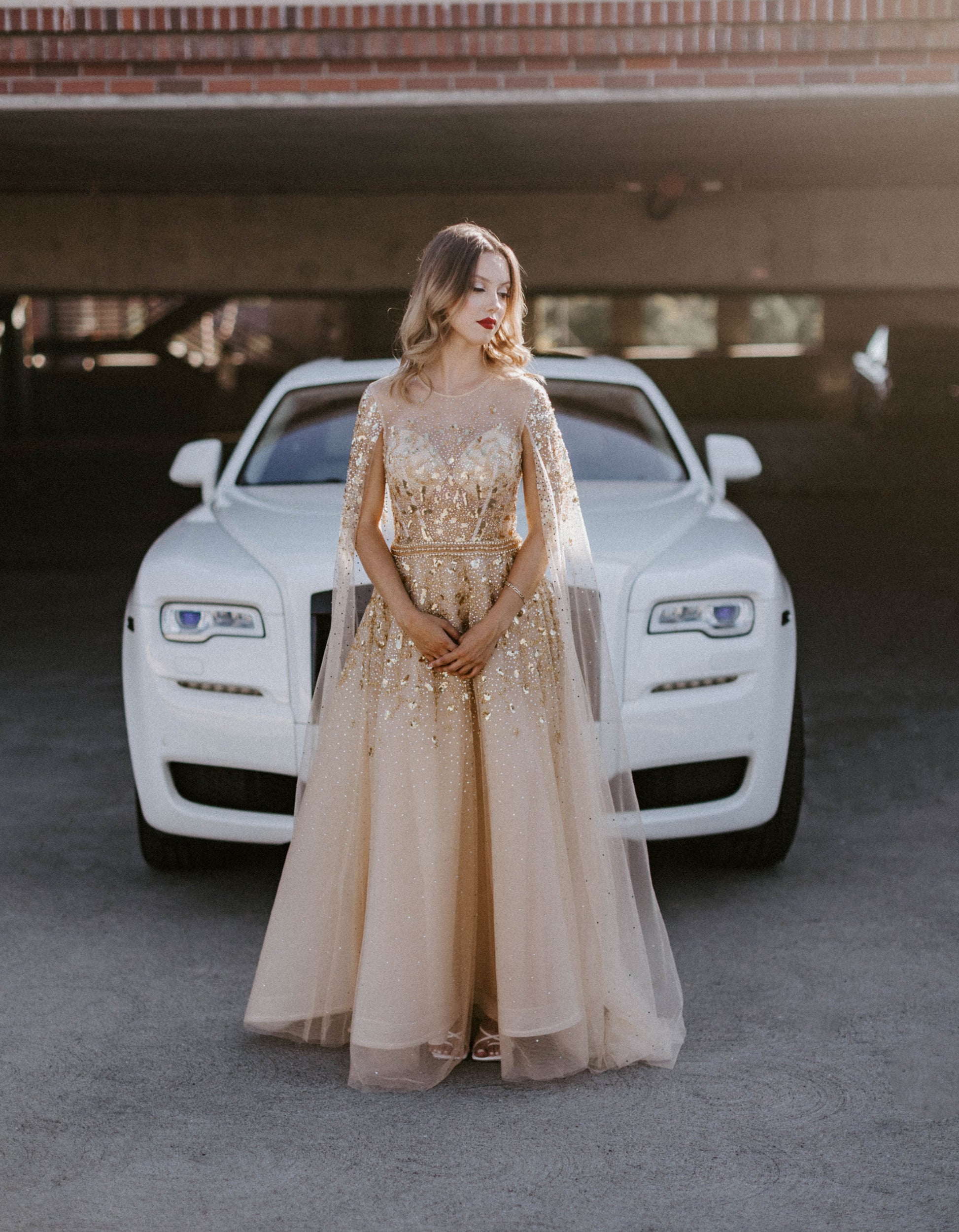 Gold Sequined A-Line Dress Cape Sleeves Rolls Royce