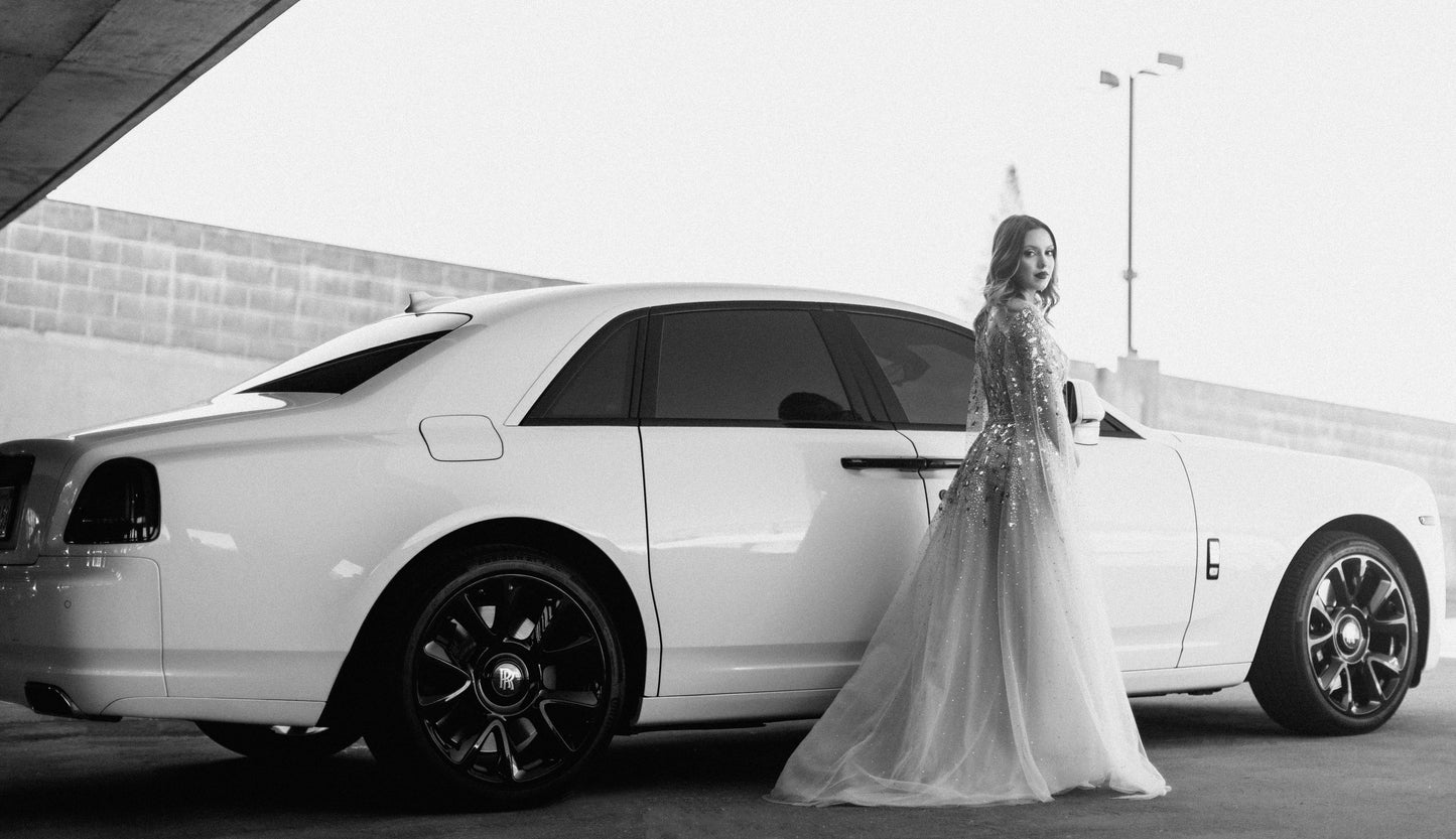 Gold Sequined A-Line Dress Cape Sleeves Rolls Royce