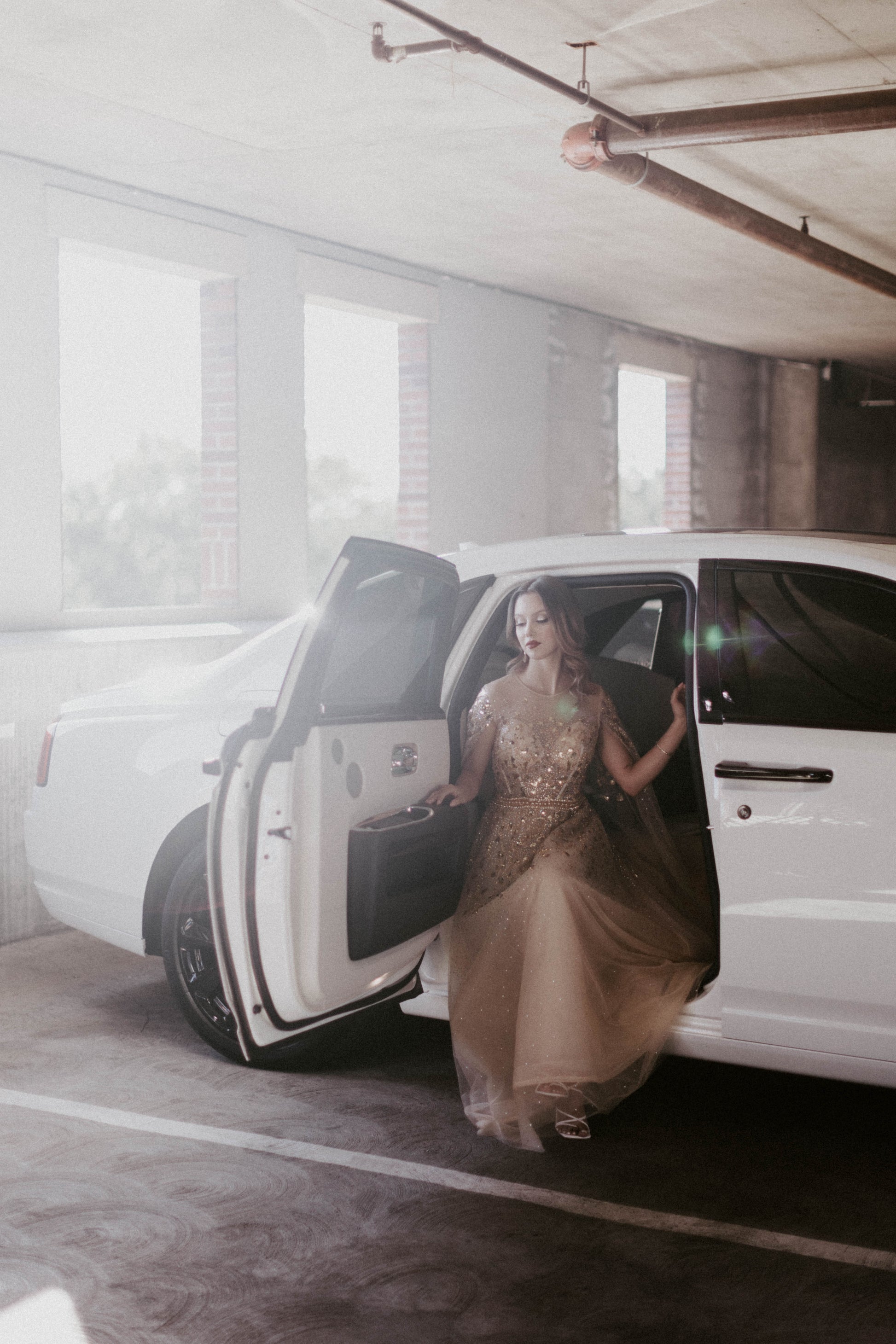 Gold Sequined A-Line Dress Cape Sleeves Rolls Royce