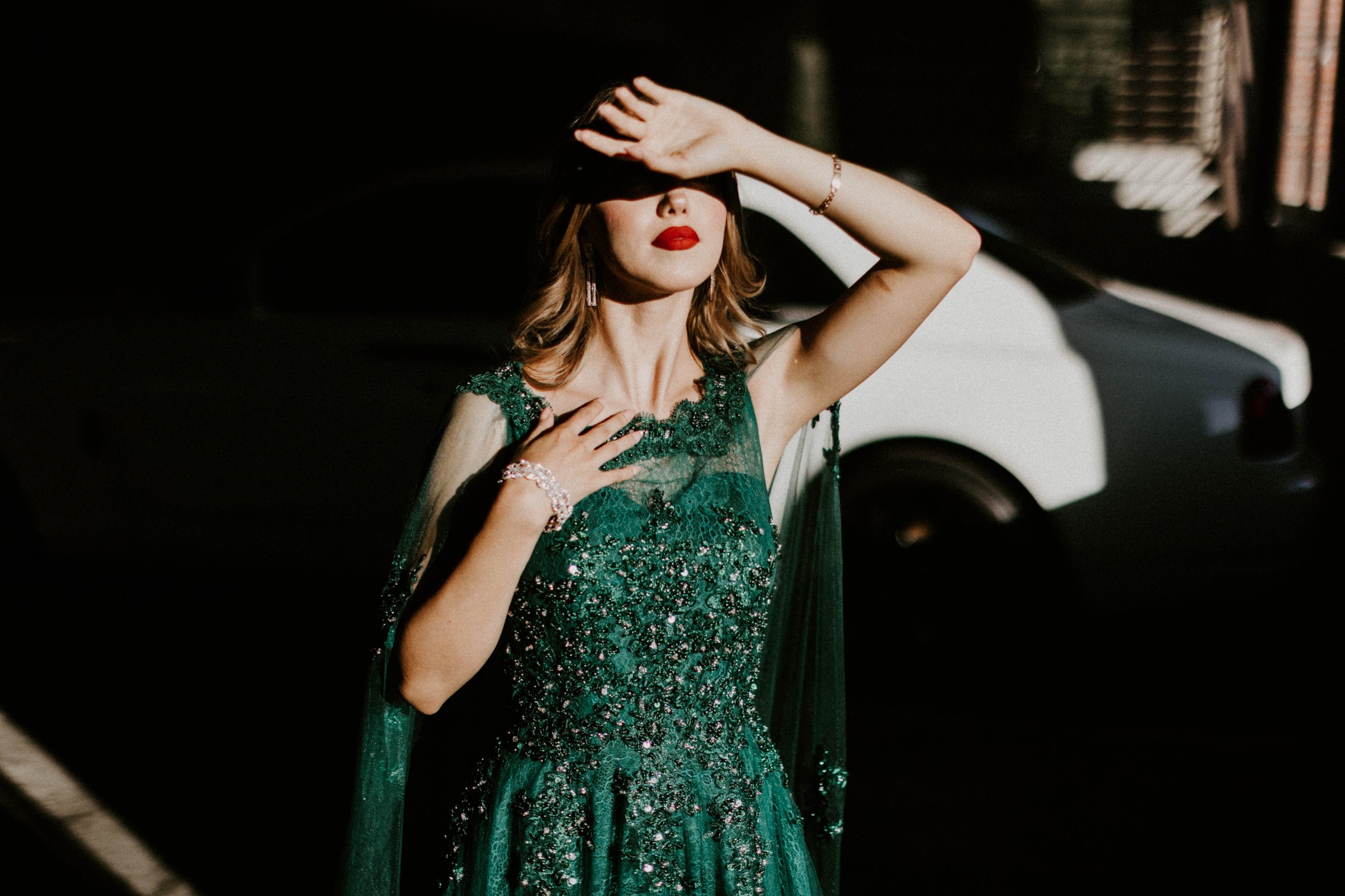 Dark Green Evening Dress With Cape