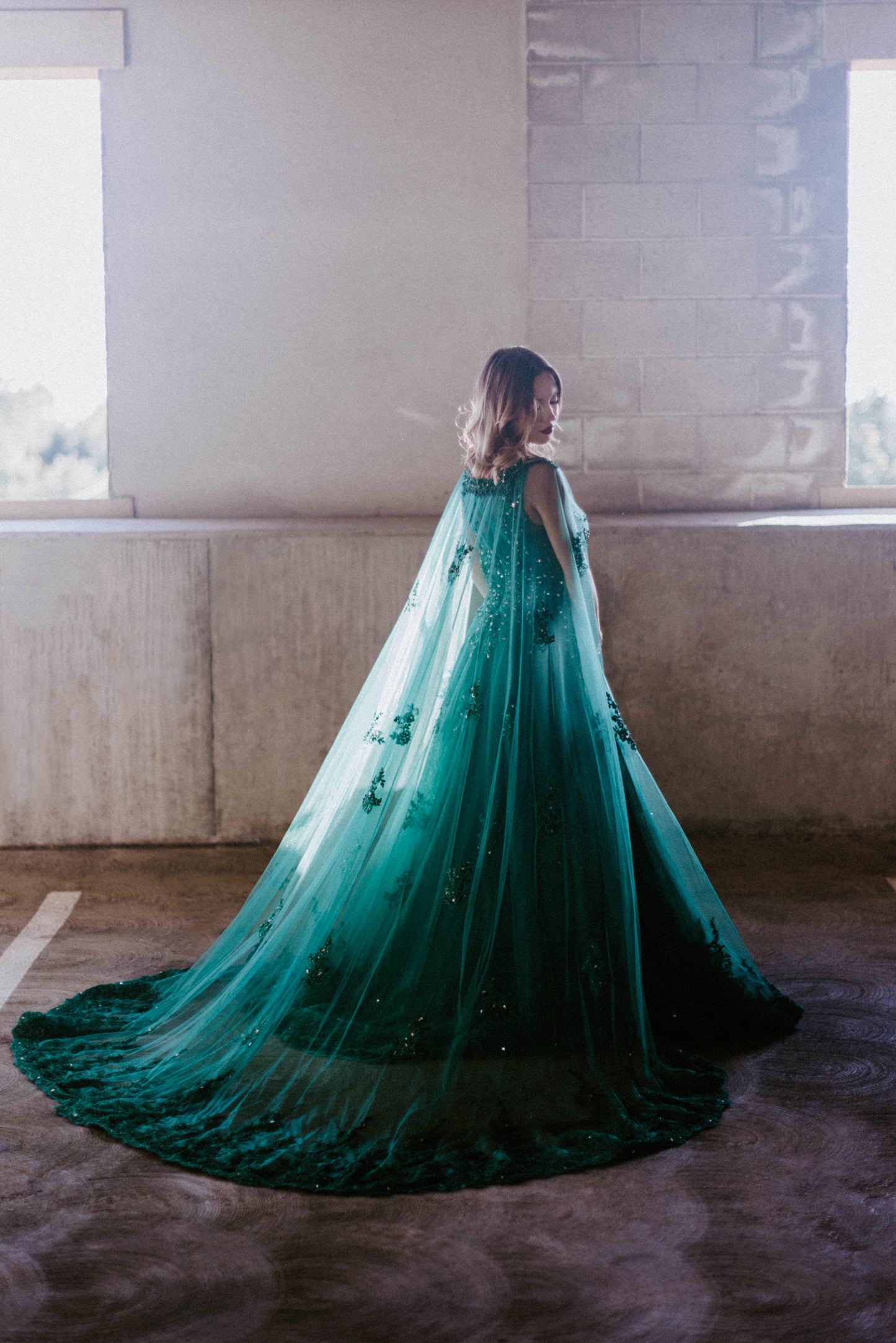 Dark Green Evening Dress With Cape