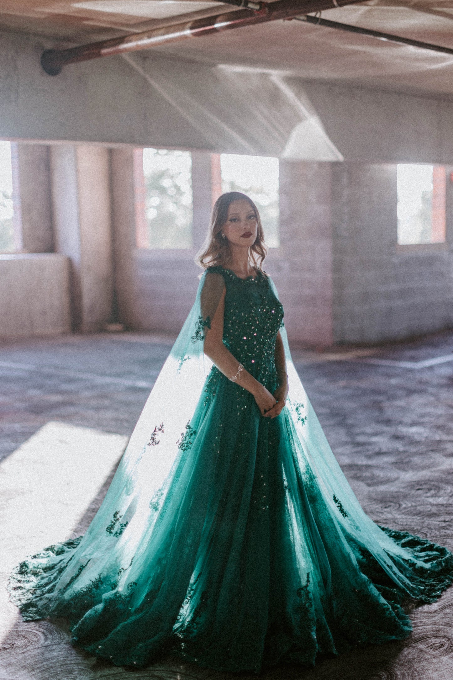 Dark Green Evening Dress With Cape